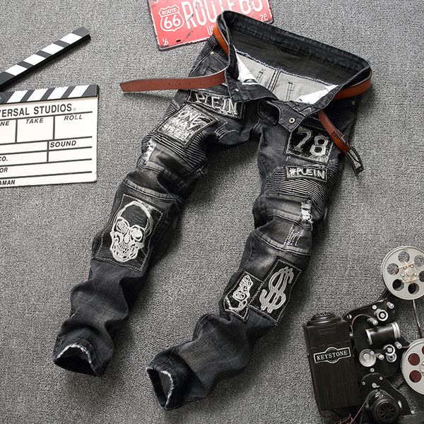 

mens biker jeans skull patchwork fashion pleated ripped denim joggers black slim fit trousers with patches, Blue