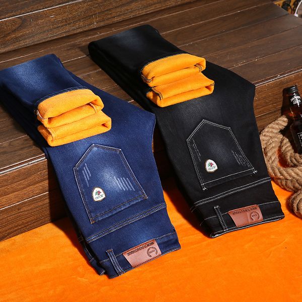 

2018 winter jeans men's slim fit thick velvet pants warm men young skinny cowboy classic casual denim fleece trousers male blue