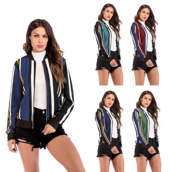 

S-2XL Womens Slim Long Sleeve Business OL Outwear No-Buckle Blazer Jacket Suits Work Wear Stripe Print Zipper Baseball Coat