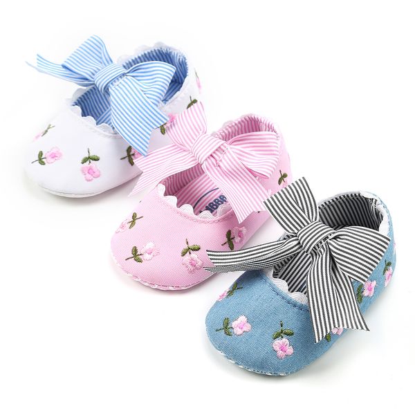

3 colors new arrivals Soft bottom anti-skid baby first walker shoes kids girl embroidery floral stripped print baby shoes