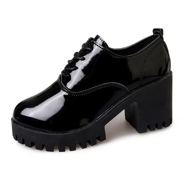 

new spring autumn thick high heeled pumps woman round toe lace up shoes female platform shoes casual women office lady shoes, Black