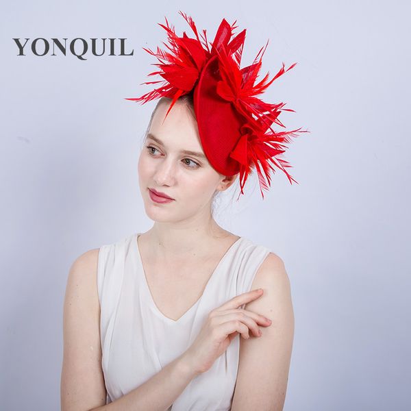 

2017 new style red imitation sinamay fascinators elegant ladies feather floral hat hairclip wedding party derby hair accessories