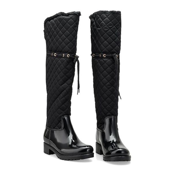 

Women Rubber Patchwork Rain Boots Square Heels Over Knee Winter Warm Fur Rainboots Water Shoes Woman