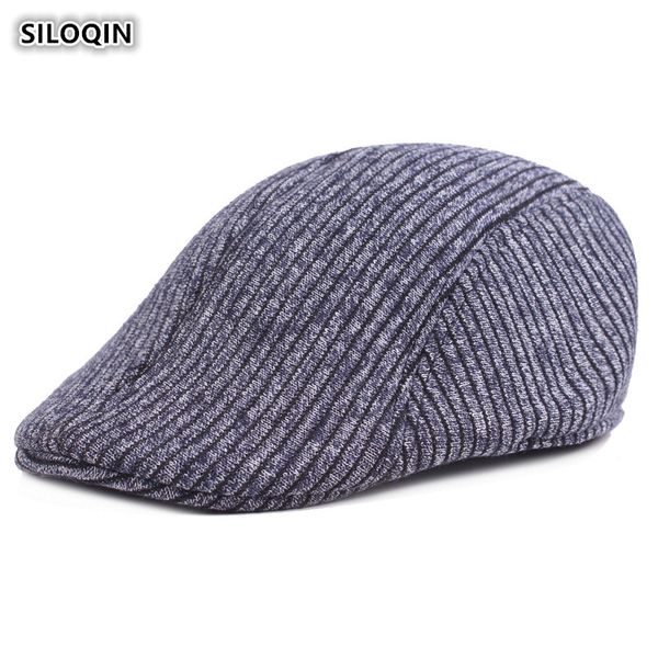 

siloqin autumn and winter men's cap thick warm cotton berets for men solid striped middle-aged dad's hat sombrero de hombre, Blue;gray