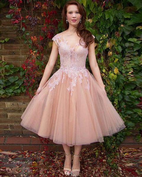 

short sleeve new blush pink a line wedding dress tulle lace modern transparent applique princess girls new tea length party bridal gown, White