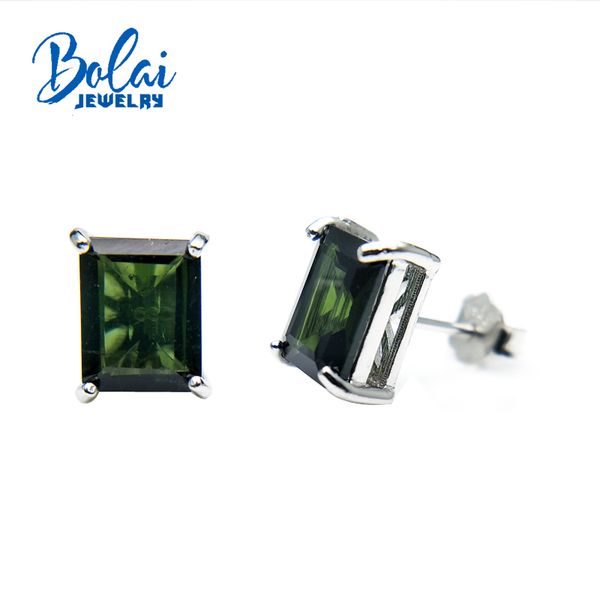 

bolaijewelry,noble elegant 925 silver earring with natural green toumaline gemstone pendientes for women romantic gift for girl, Golden;silver