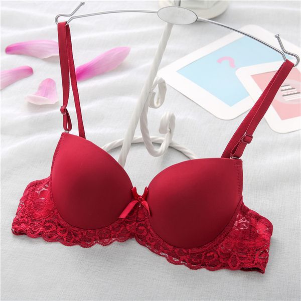 

mozhini burgundy color intimate sweet girl small bra support chest lace bra small breast women underwear push up, Red;black