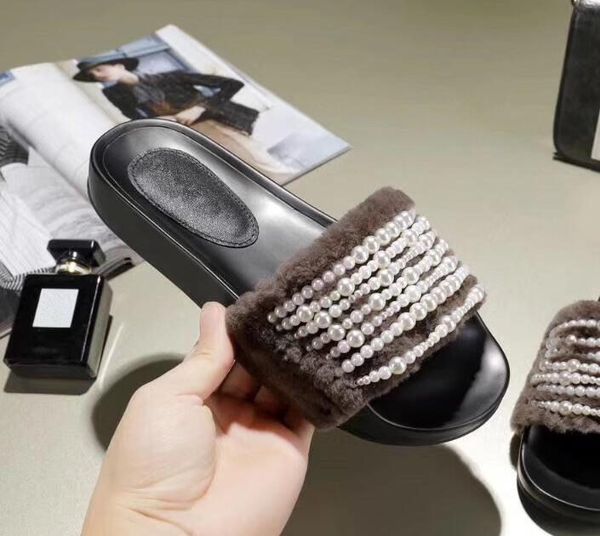 

5 colors sheep wool pearl sheepskin lining designer brand sandals women shoes size eu35-42, Black