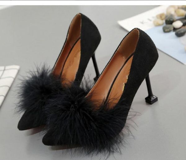 

send 2018 spring and autumn suede pointed end shallow mouth fine heel high heeled maomo shoes women shoes heel 7cm,9cm, Black