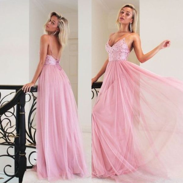 

2018 pink long prom dresses spaghetti straps lace appliques lace-up backless party dresses glamorous tulle floor length prom dress, Black