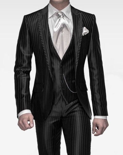 

custom made groomsmen peak lapel groom tuxedos black with strips men suits wedding/prom/dinner man blazer(jacket+pants+tie+vest) k849, Black;gray