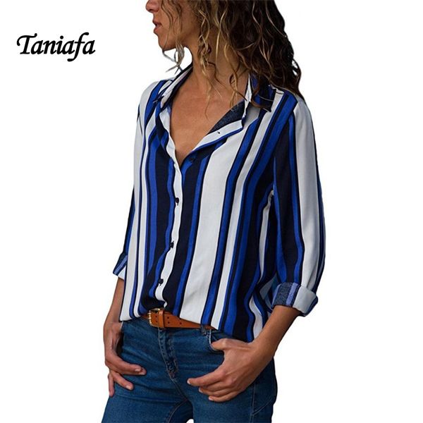 

women fashion striped longsleeve long blouse ladies striped casual loose shirt top, White