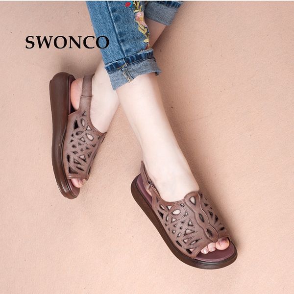 

swonco women's sandals summer genuine leather vintage style laides shoes flat sandals women 2018 comfortable mother shoes, Black