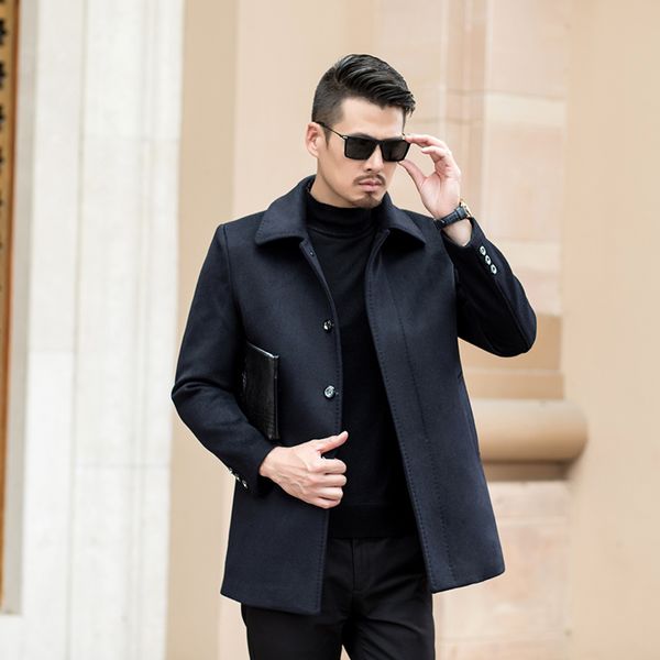 

2018 new winter wool coat men leisure long sections woolen coats men's pure color casual fashion jackets / casual men overcoat, Black
