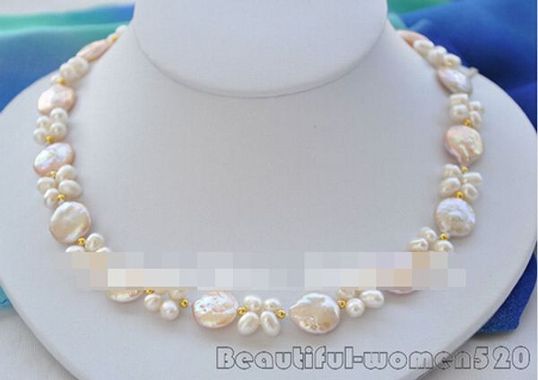 

ll&lt;&lt;&lt; 1252 17" 10mm pink coin white rice freshwater pearl necklace, Silver