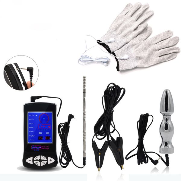 Dezenas Electro Sexo Kit Pênis Uretral Sons Pulso Eletrônico Massageador Vagina Plug Anal E-stim Luvas Braçadeira Elétrica para HomensMulheres Y18110801