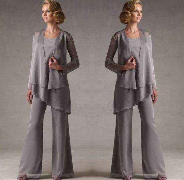 

Mother Of The Groom Grey Chiffon Bridal Mother Bride Pant Suits With Jacket Women Evening Pant Suits Long Sleeve Evening Dresses DH325
