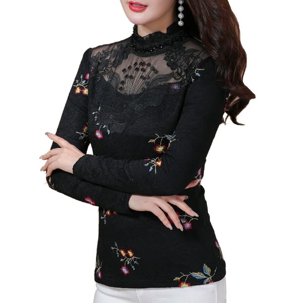 

2018 new winter spring women shirts full sleeve lace thick blouse shirt do not add wool 9230, White