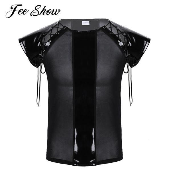 

novelty mens pu leather stretchy casual t-shirt soft mesh see through mesh splice short sleeves lace-up muscle slim t-shirt, White;black