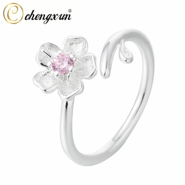 

chengxun sier pink sakura flower statement adjustable ring crystal plated midi finger jewelry for women girls, Golden;silver