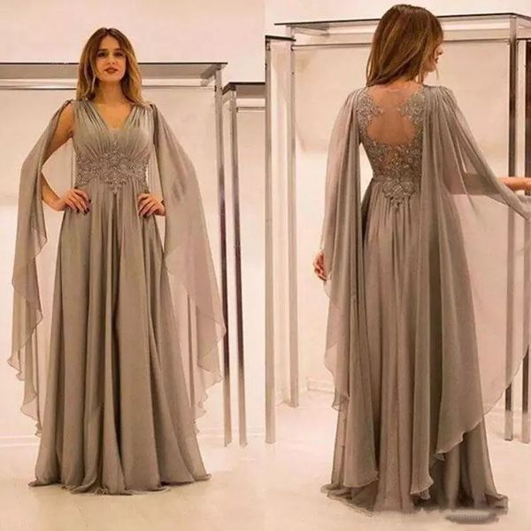 Elegante Chiffon-Kleider für die Brautmutter, Spitzenapplikationen, Perlen, V-Ausschnitt, Abendkleider, Übergröße, Illusionsrücken, Hochzeitsgastkleid