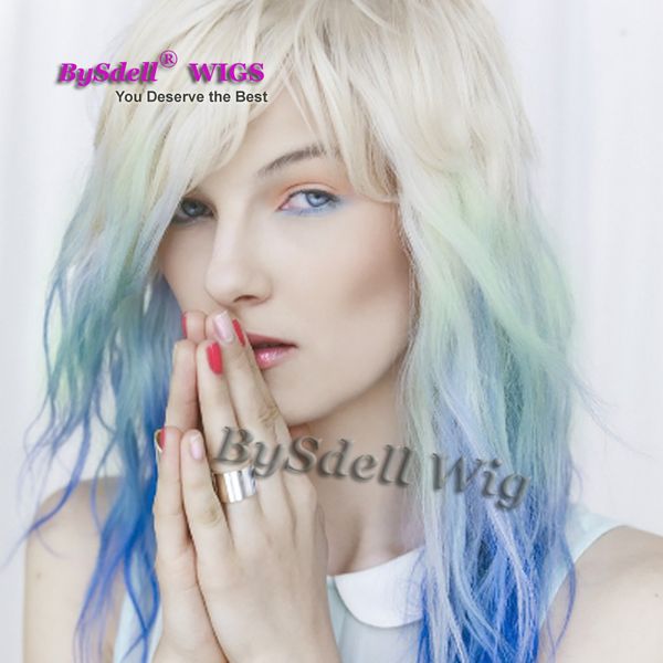 Sexy Medium Length Hair Wig Synthetic White Blonde Beige Ombre Light Blue To Dark Blue Color Hair Lace Front Wigs For White Woman Canada 2019 From