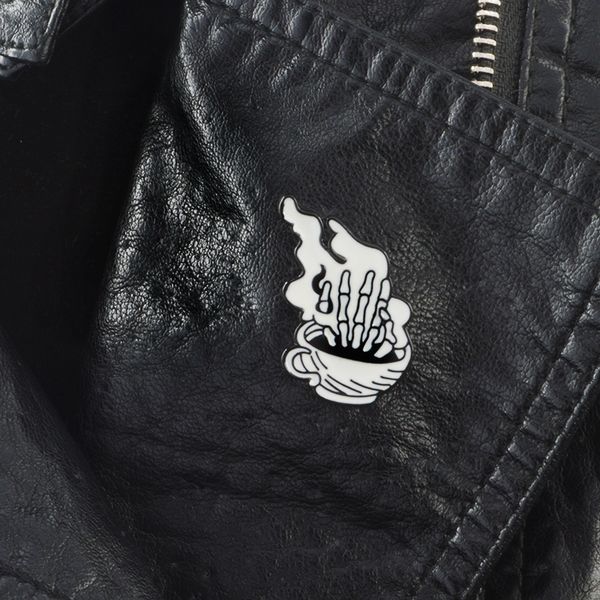 

skeleton hands coffee cup fire pins brooches backpack badges hard enamel lapel pin hat bag accessories punk dark jewelry, Gray
