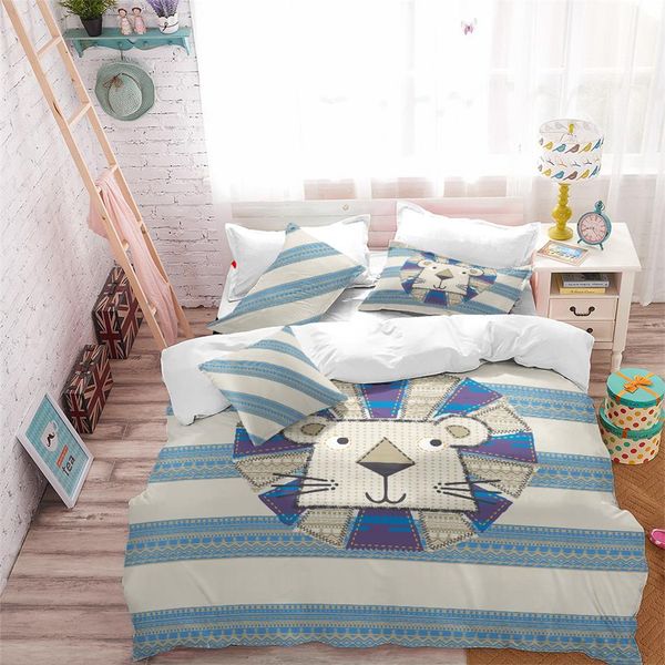 Exotic Cartoon Lion Print Bedding Set Multi Color Patchwork Duvet