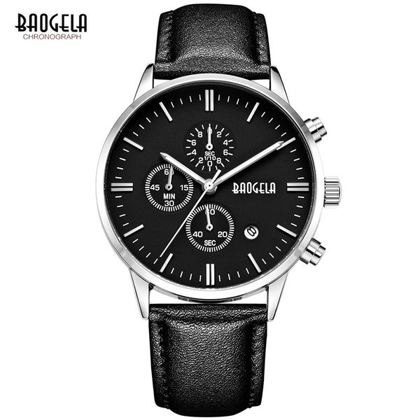 

baogela mens watch quartz wrist watches round dial leather strap chronograph wristwatch for man 1706, Slivery;brown
