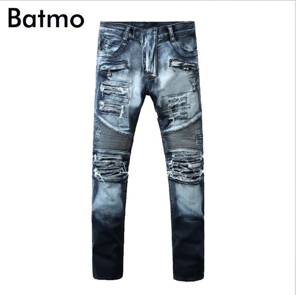 

batmo 2018 new arrival high street pleated casual jeans men,men's denim skinny pants,men's fashion holes jeans a962, Blue