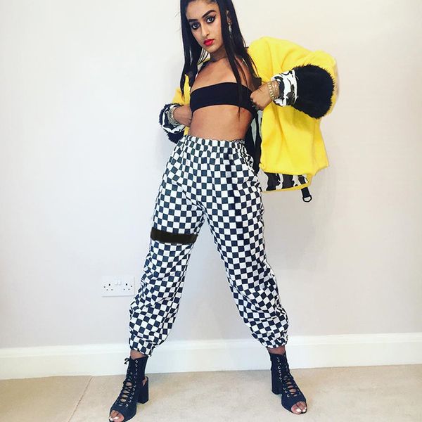 

hip hop harem streetwear vintage checkerboard plaid patchwork black band 3d jogger sweatpant elastic waist tracksuit trouser kpop, Black;white
