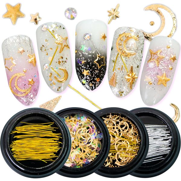 

1box nail art gold strass star moon decor mix 3d rhinestones beads ab sequins shiny glier charm gem manicure accessories ji682, Silver;gold