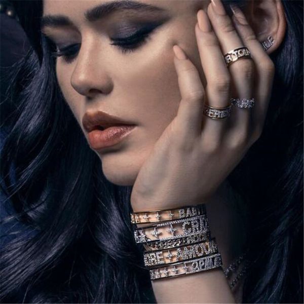 

mamojko exaggerated vintage love crazy letter rhinsetone open bangle for women new charm wrist ornaments gifts, Black