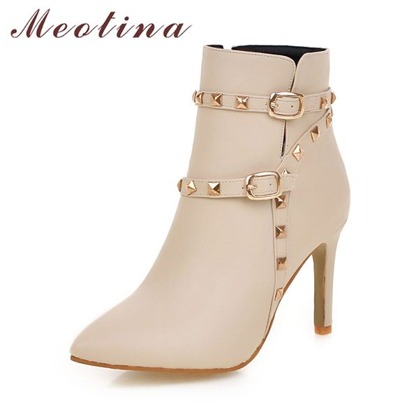 

meotina boots women ankle boots rivets high heel shoes ladies white winter zipper buckle pointed toe handmade shoes 2018, Black