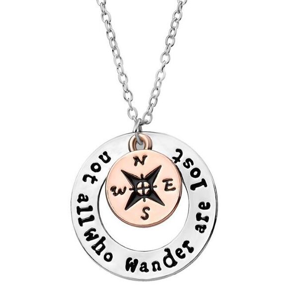 

compass necklace letter not all who wander are lost compass pendant necklace inspirational statement necklace hollow round vintage jewelry, Silver