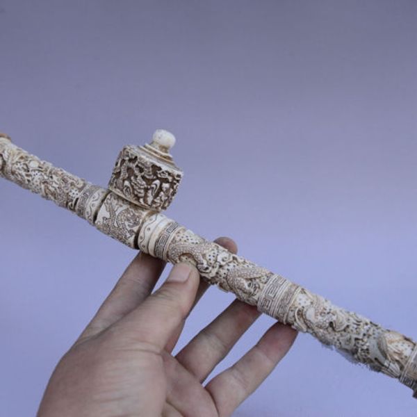 Oriental Vintage Bone Handmade Carved Immortal Boy Collectable Pipe
