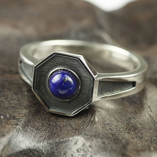 

original design 925 sterling silver rings for men and women with natural lapis lazuli stone hexagon shaped elegant jewelry ring, Golden;silver