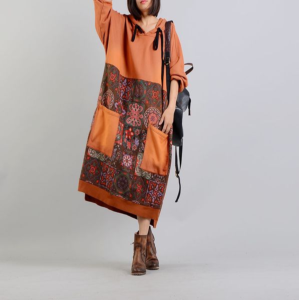 

women spring hooded print patchwork plus size dress loose retro casual printed dress female retro 2018, White;black