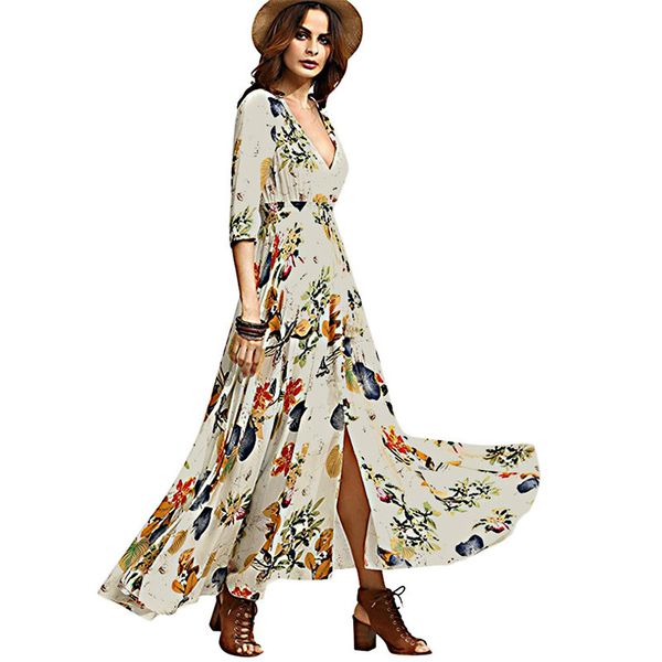 

bohemian dresses printed summer dress 2018 plus size v-neck women dress tassel vintage vestidos for womens dress, Black;gray