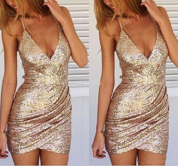 

New Sexy Cocktail Dress Gold Shinny Sequins Short Prom Party Dresses Formal Dresses V-Neck Spaghetti Straps Mini Club Wear