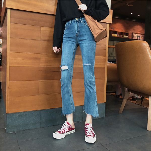 

pengpious korean style irregular holes torn edges bootleg jeans for female button women ripped denim trousers flare pants, Blue