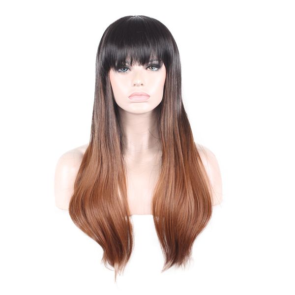 Z F Nature Straight Medium Long Black Ombre Brown Synthetic Wigs