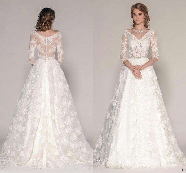 

2019 потрясающие кружева свадебные платья с половиной рукава v шеи иллюзия лифы аппликация развертки поезд свадебные платья ba9994, White