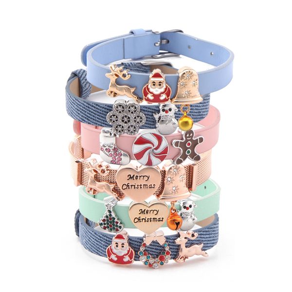 

sanshoor new mixed christmas collection of charms santa claus bell snowman christmas tree with leather& mesh bracelet for women, Golden;silver