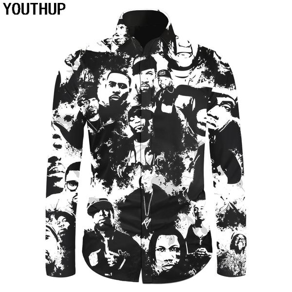 

youthup 2018 shirts men 3d character printed slim fit shirts casual hip hop long sleeve men streetwear homme, White;black