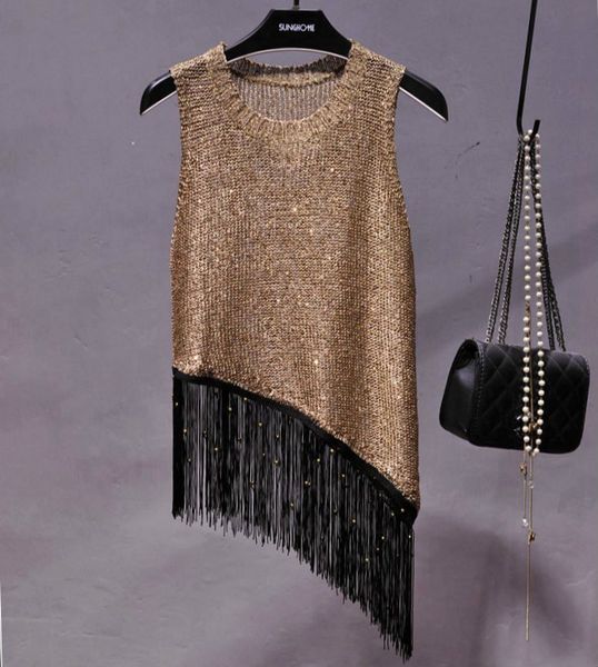 

2018 o neck sleeveless irregular knitted tanks women sequined shiny gold tanks women fashion tassels shiny gold camis vest, White