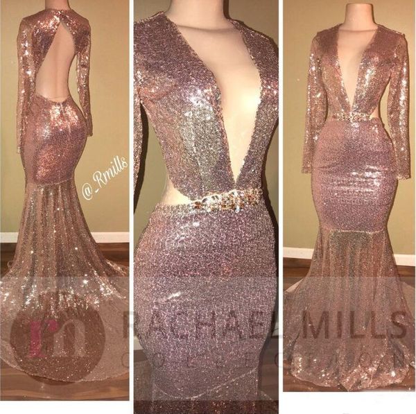 

2k18 Bling Bling Sequined Dresses Long Sleeves V Neck Mermaid Prom Dresses 2018 African Black Girl Cutaway Special Occasion Evening Gowns