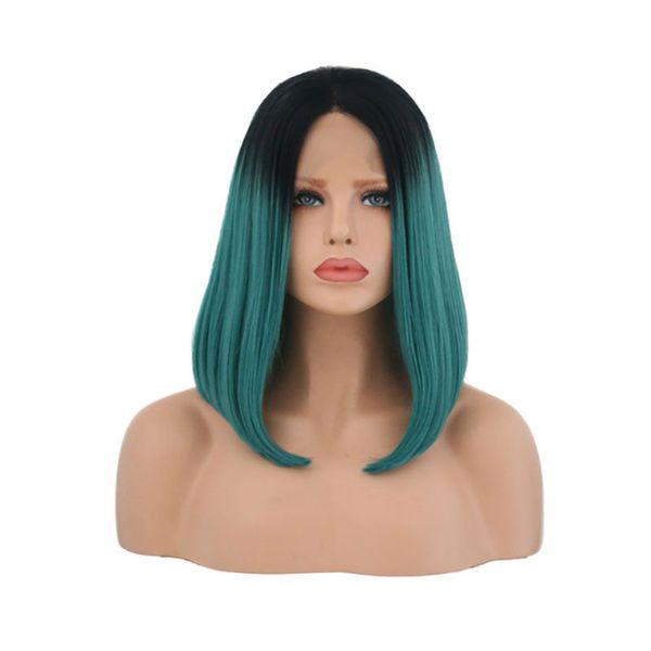 Synthetic Bob Lace Front Wig Dark Roots Ombre Green Short Straight
