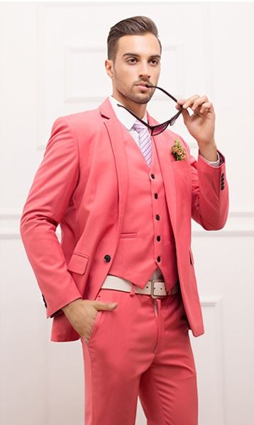 

watermelon red three piece groom tuxedos notch lapel center vent man wedding suit men business dinner prom blazer(jacket+pants+tie+vest)427, Black;gray