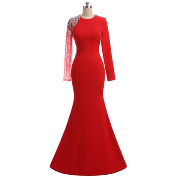 2018 heißer Verkauf sexy rote Kristall Langarm Meerjungfrau Party Kleider mit Pailletten Satin bodenlangen Abendkleid formelle Promi-Kleider BE02